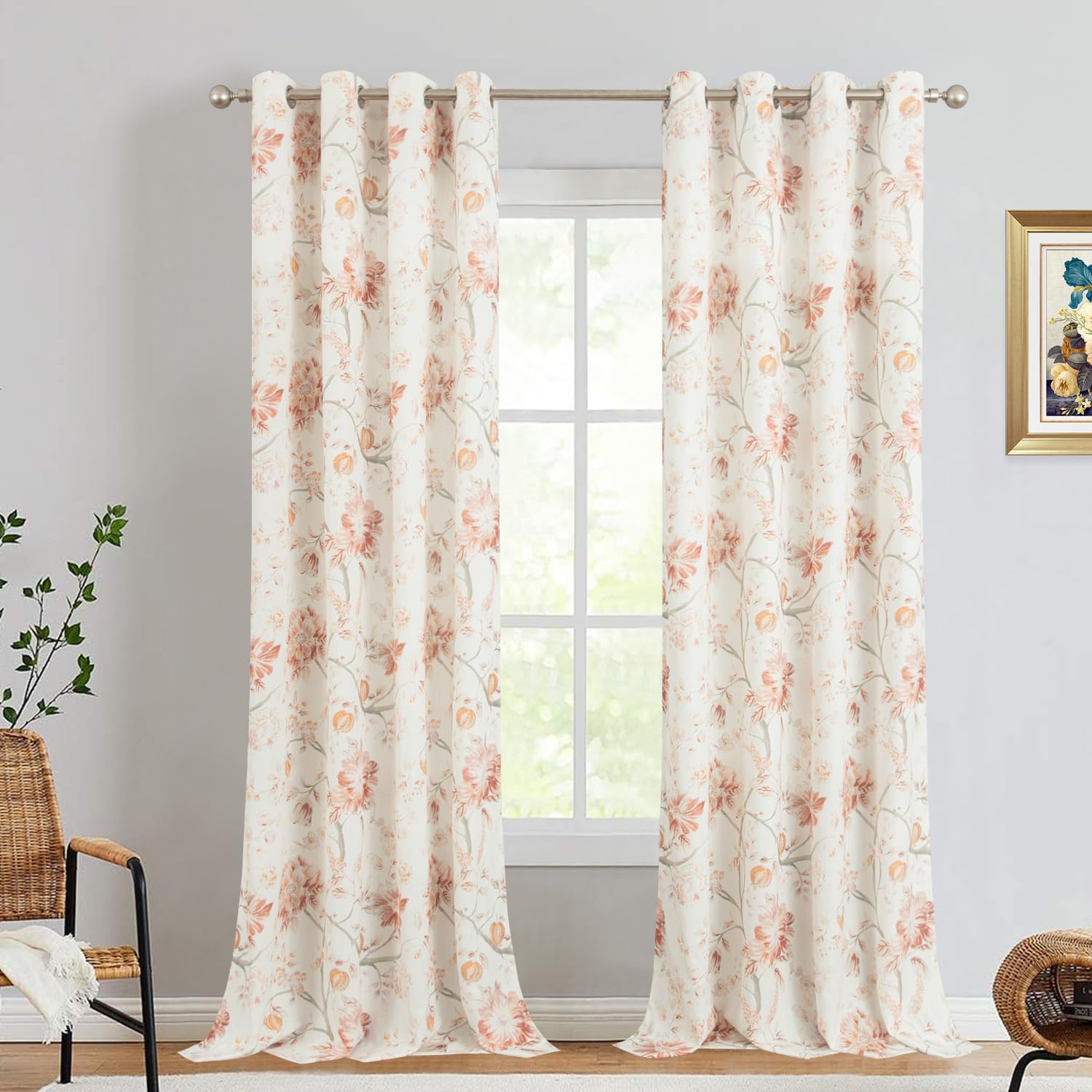 Leeva Printing Window Treatment Curtains, Meticulous Red Floral Drapery for Kitchen, Grommet Window Curtain Panels for Bedroom Kid's Room, 52 x 96 Inches, 1 Piece