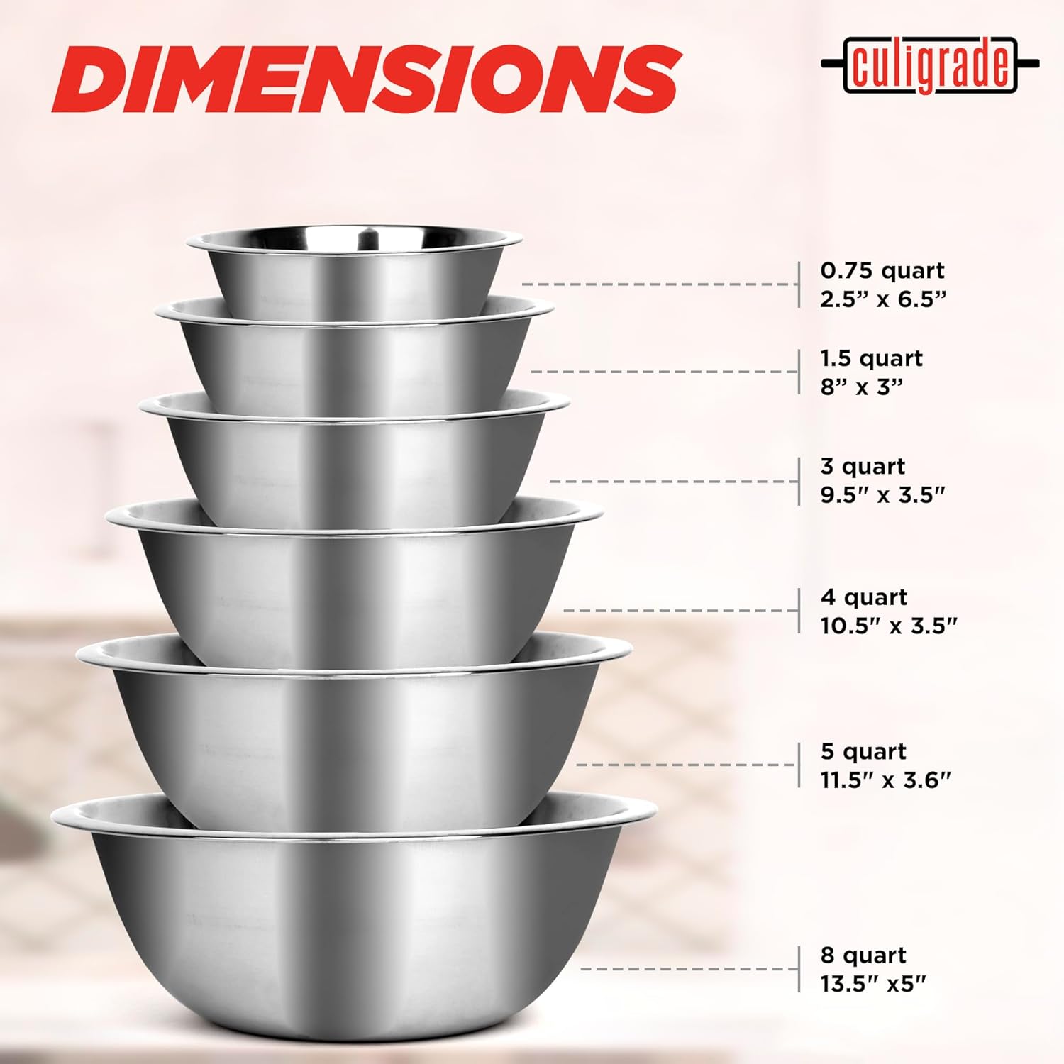 Culigrade Stainless Steel Mixing Bowls Set – 6-Piece Nesting Metal Mixing Bowls (0.75–8 Qt) – Durable, Rust-Resistant, Easy to Clean – for Baking, Cooking, Meal Prep & Serving