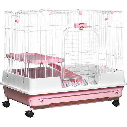 PawHut 2-Level Small Animal Cage Rabbit Hutch with Wheels, Removable Tray, Platform and Ramp for Bunny, Chinchillas, Ferret, Pink