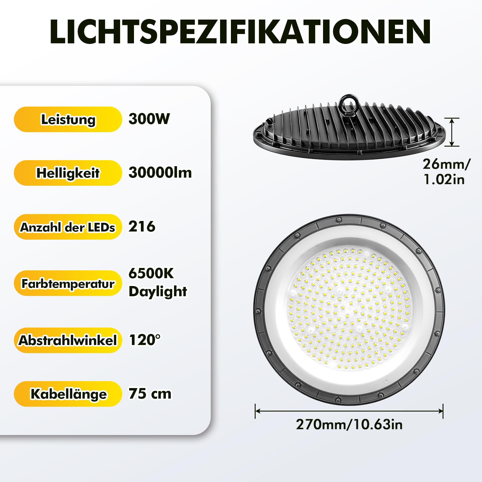 Sararoom UFO LED High Bay Light 300W, 6000K Kaltweiß UFO LED Werkstattlampe, 216 Leds Hallenstrahler 30000LM IP65 Wasserdichte Industrielampe High Bay Licht für Fabriken,Garage,Lagerhaus