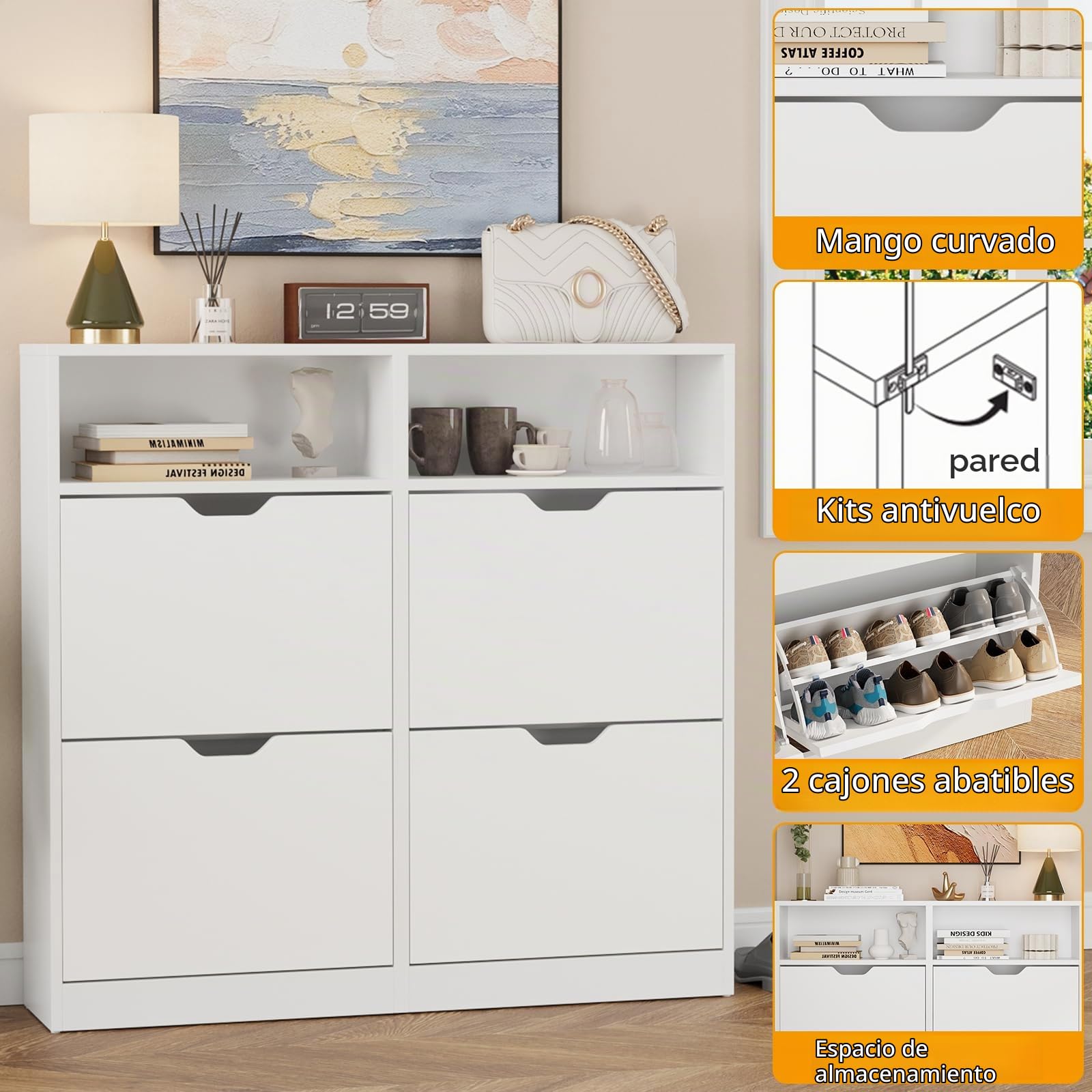 VOWNER Zapatero Entrada Recibidor, Zapatero Estrecho Blanco con 4 Puertas, 105 x 24 x 100 cm (Largo x Ancho x Alto), Madera, con Compartimento, para Entrada Estrecha, Pasillo