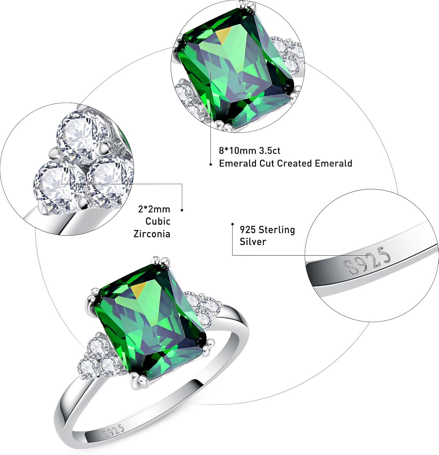 3.5ct Simulated Gemstone Ring 925 Sterling Silver 10x8mm Radiant Cut Sapphire|Emerald|Amethyst|Cubic Zirconia Ring Birthstone Rings for Mothers Valentines Thanksgiving Day Size 5-10 - Image 4