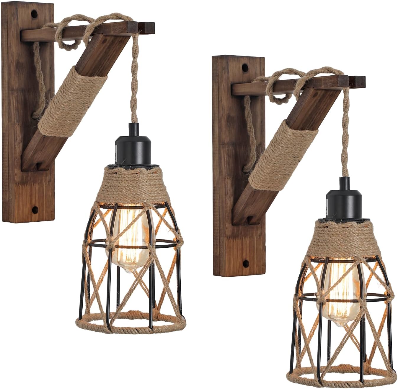 KEESFU Wall Sconces Set of 2 – Wall Decor Lighting with Rustic Farmhouse Metal Cage & Wooden Bracket, Adjustable Height Wall Light for Bedroom, Living Room, Bedside