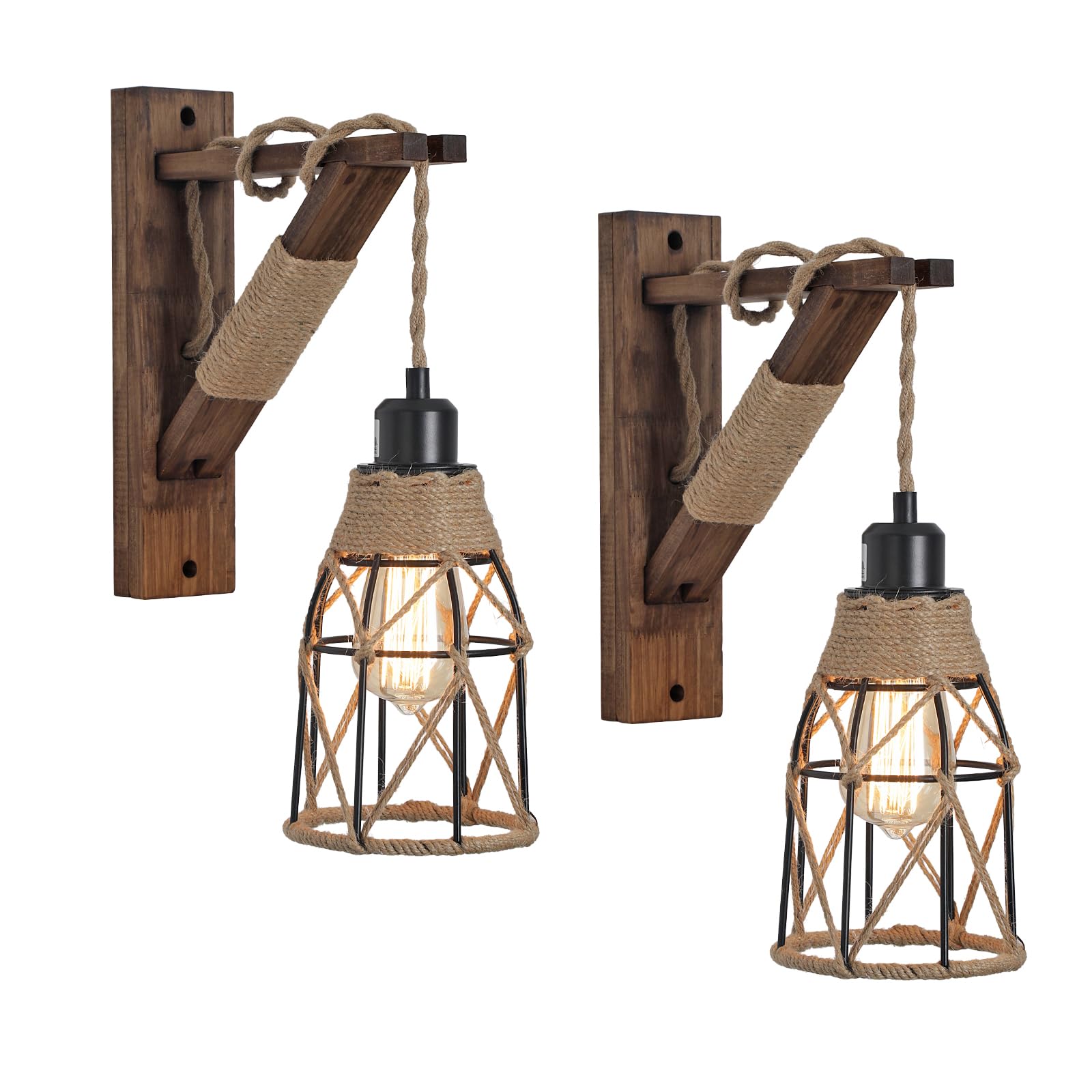 KEESFU Wall Sconces Set of 2 – Wall Decor Lighting with Rustic Farmhouse Metal Cage & Wooden Bracket, Adjustable Height Wall Light for Bedroom, Living Room, Bedside