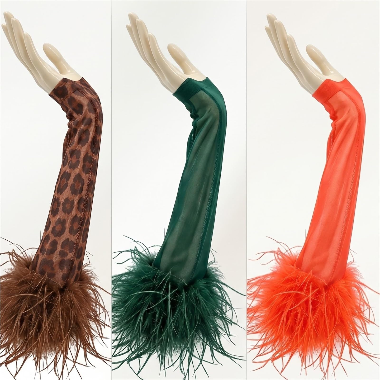 Guante de plumas avestruz, malla transparente, largo y esponjoso