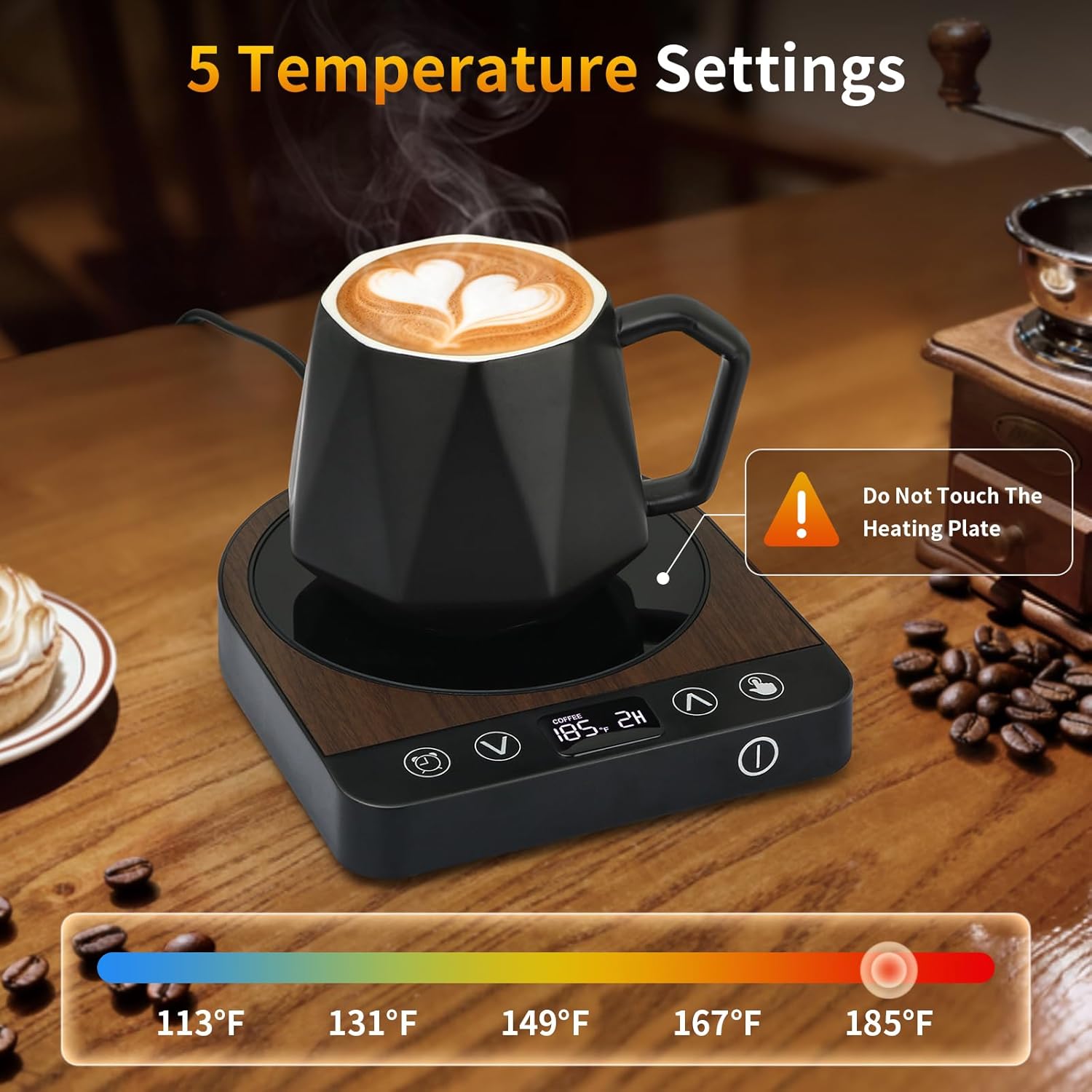 Smart Coffee Mug Warmer, 50W Fast Heating Coffee Warmer for Desk with 5 Temperature Control & 2-12H Auto Shut Off, Electric Large Panel Cup Warmer for Milk, Tea, Beverage, Candle, Wood