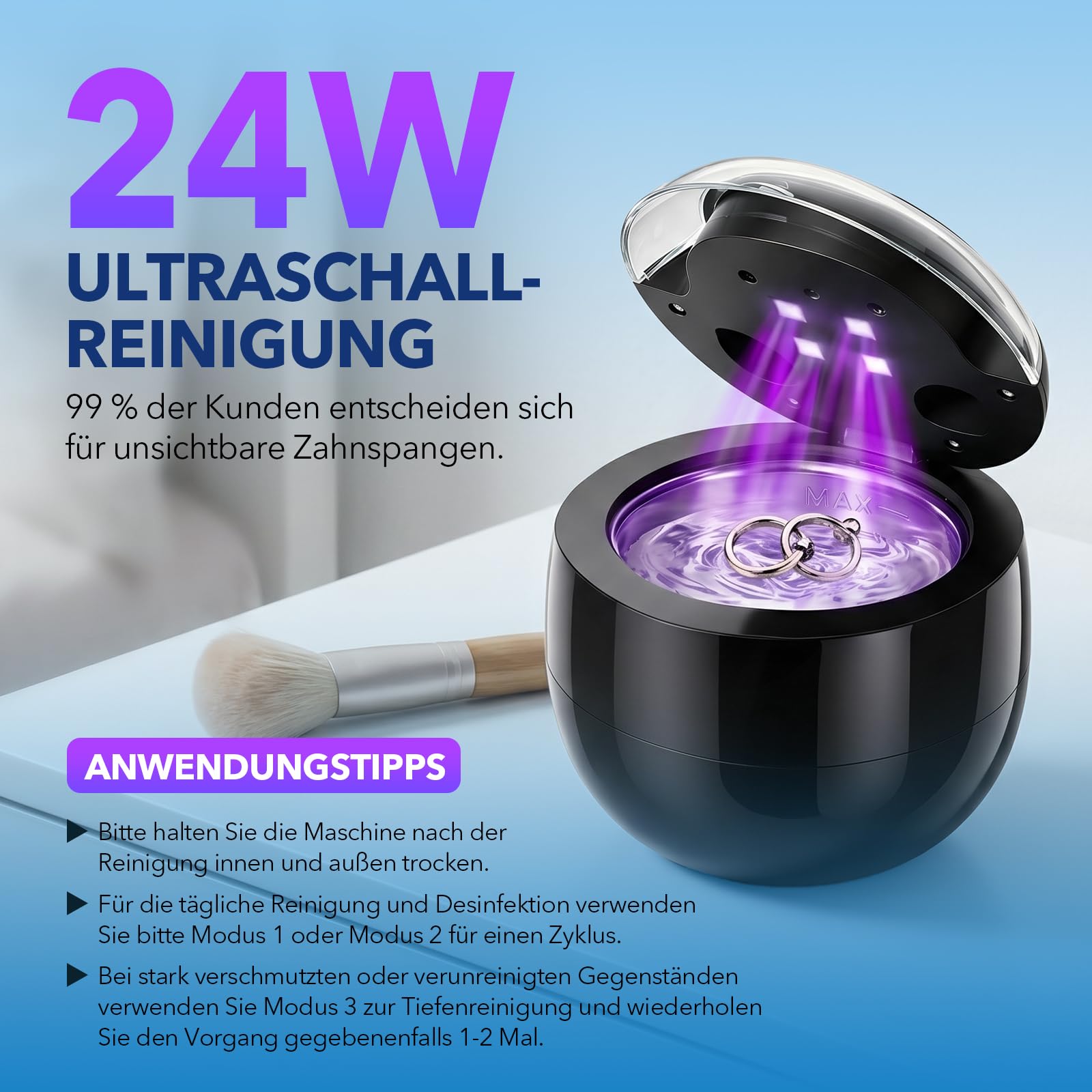 Ultraschallreinigungsgerät 45kHz, Ultraschallreiniger mit UV Licht für Gebiss Zahnersatz Zahnspange Retainer Aligner | 200ml Reinigungstank, Schmuckreiniger für Schmuck Uhren Brillen, 4 Modi Tiefenreinigung