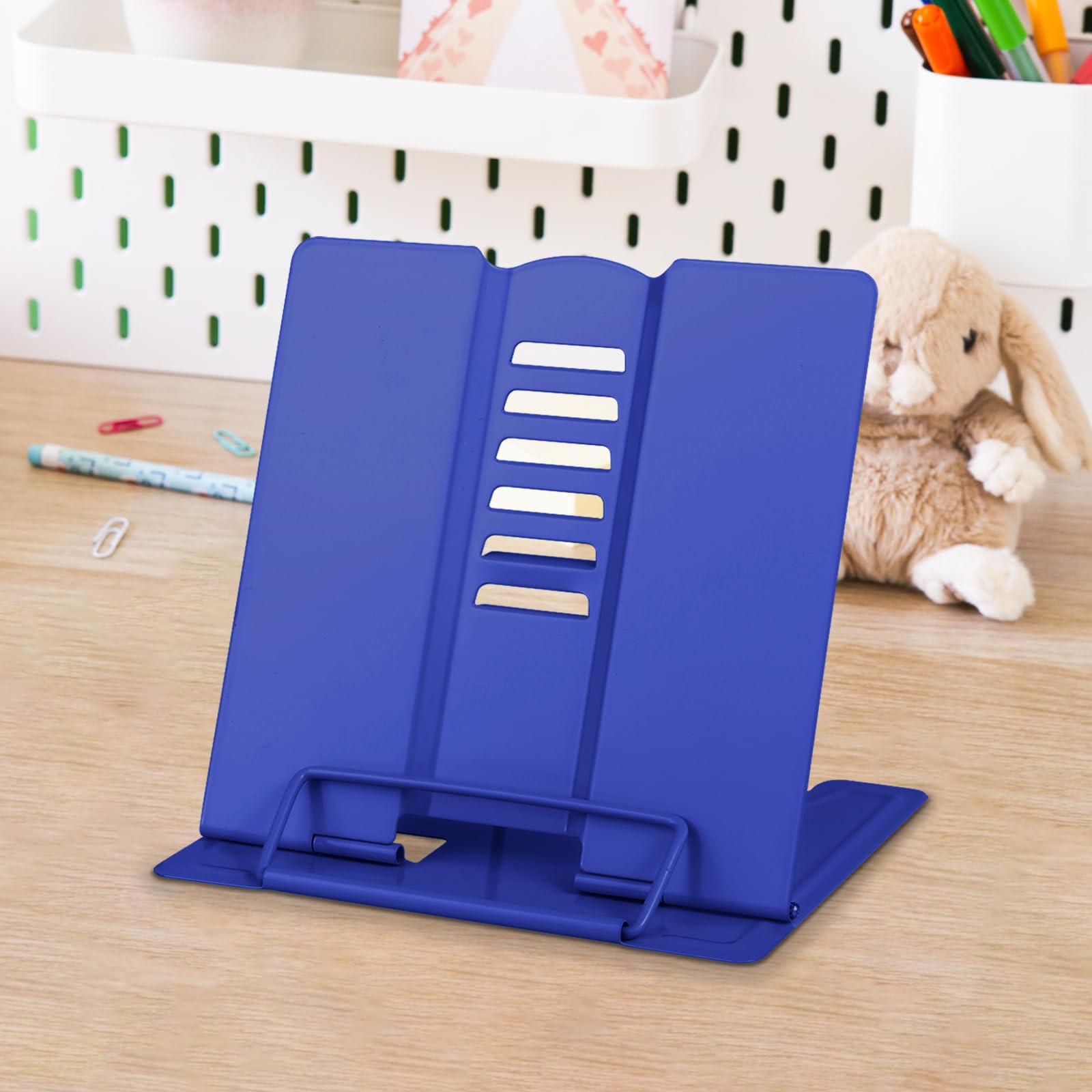 Honagu Small Book Stand Book Holder Metal Desk Book Stand for Reading Hands Free, Adjustable Cookbook Documents Holder, Portable Bookstand for Music Books, Textbook, Recipe,Tablet, Ipad(Deep Blue)