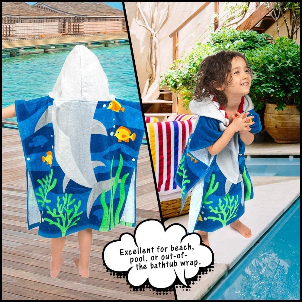 Florica Toddler Hooded Beach Towel Coverup Cape Kids 100% Cotton Soft Quick Dry Absorbent Use for Swim Pool Bath Poncho Towels for 3 to 8 Years Old Children Size 24"x 55" in Full-Length (Brave Shark)