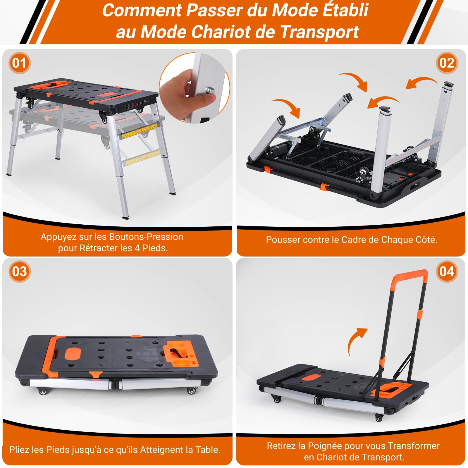 TLGREEN Etabli Pliant 7 en 1,Établi Pliable,Etabli de Travail,Multifonction Plateforme de Travail Hauteur Réglable,Chariot Pliable Portable avec 4 pcs Roues,Échafaudage pour Les Travail de Bricolage