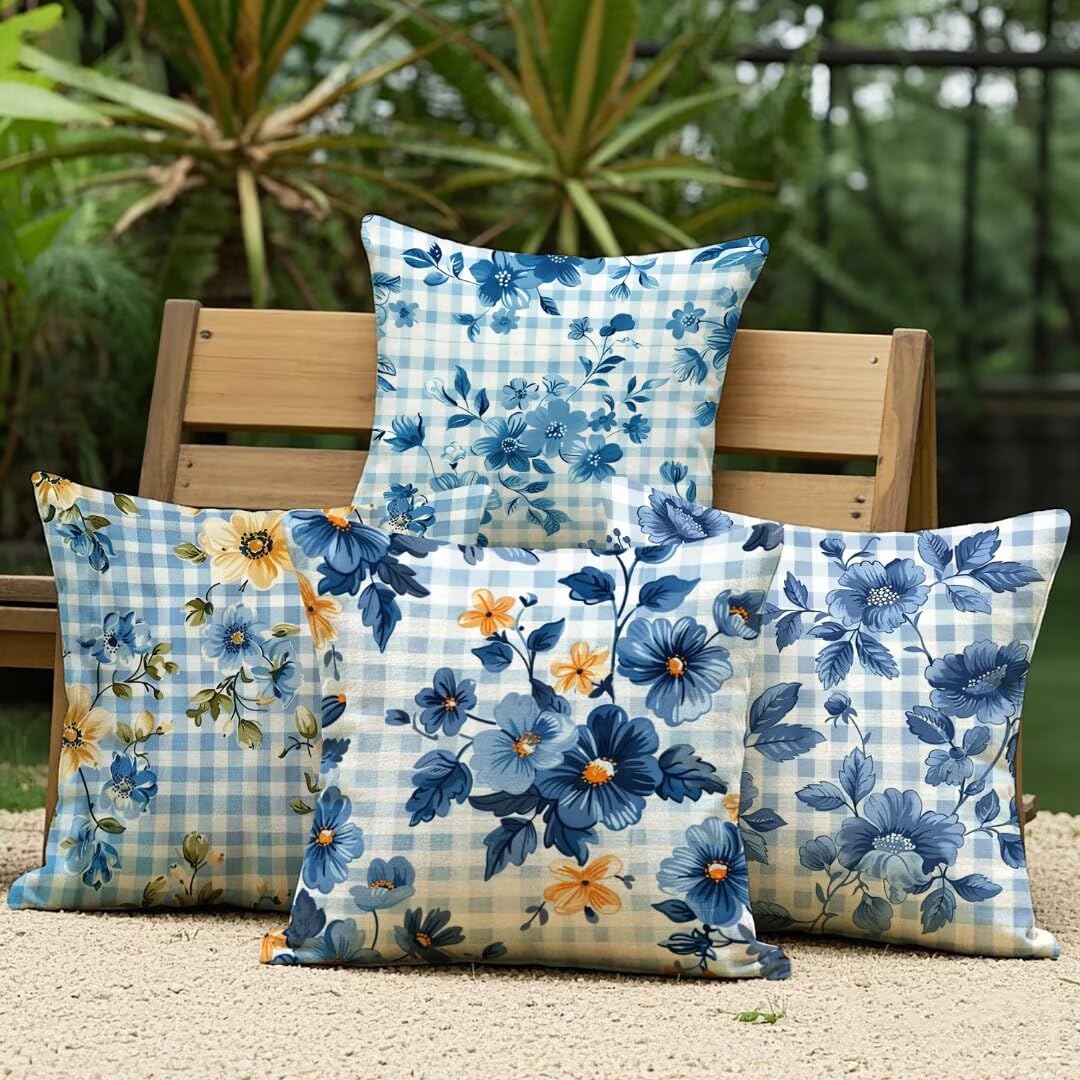 Housse de coussin 55x55cm de haute qualité en lin bleu floral avec finitions invisibles