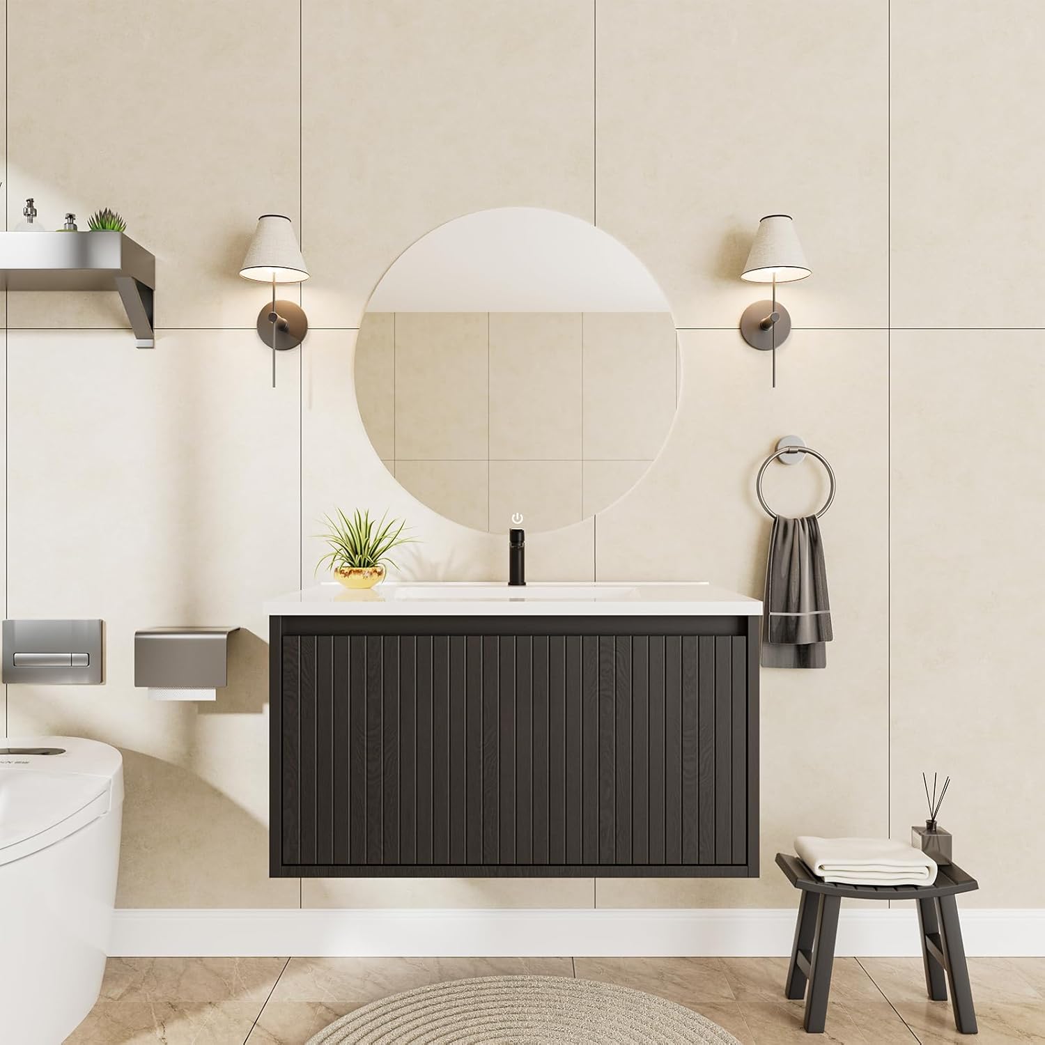 30 Inch Bathroom Vanity Cabinet with Sink - Floating Cabinet Single Drawer & Hidden Soft-Close Slide Rails, Ceramic Basin, Mid Century Modern Style, Wood Grain Finish (Black)