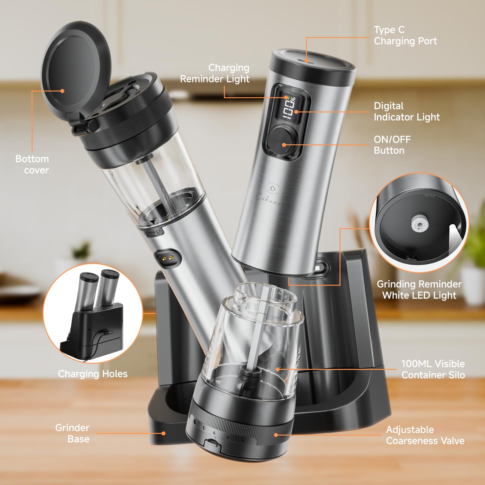 COKUNST Juego de molinillo eléctrico de pimienta y sal, molinillo de pimienta USB con soporte recargable, ajustable 5 niveles de grosor, molinillo de pimienta con pantalla digital con 2 velocidades de