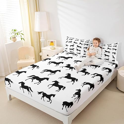 Miniatura 5 de Erosebridal Black Horses - Juego de sábanas bajeras de animales de granja, animales salvajes, vida silvestre, occidental, tamaño individual, regalos