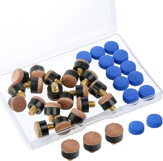 Zhenle 30 Pieces Cue Tips 10 mm Pool Cue Tips Snooker Cue Tips Screw On with Plastic Storage Box for Pool Cues and Snooker(Brown & Blue)