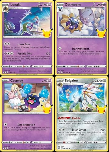 Solgaleo & Lunala - Lote de 4 tarjetas de celebración de Pokemon - Lámina holográfica legendaria - 015/025 y 021/028