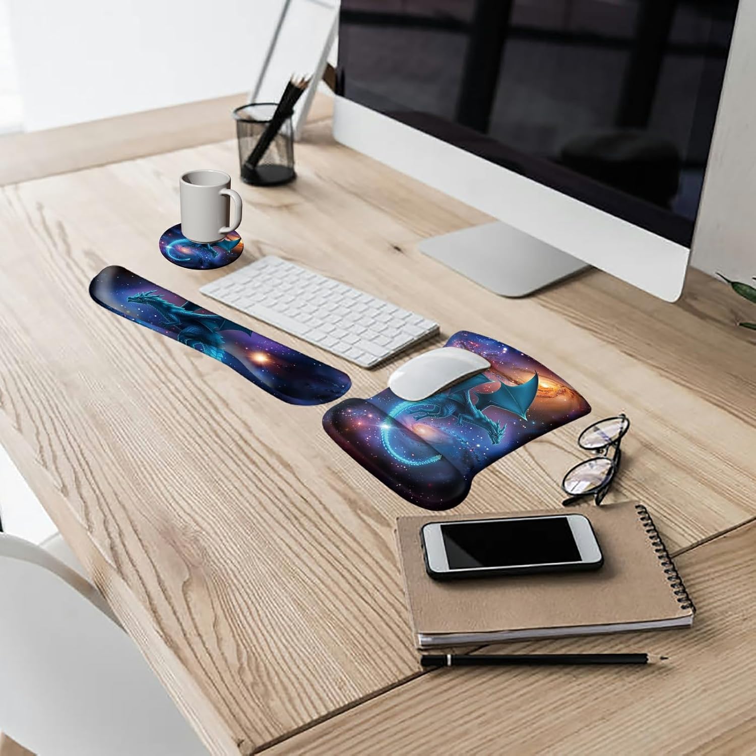 Keyboard Wrist Rest and Mouse Wrist Rest Pad Set, Made of Memory Foam with Non Slip Rubber Base Ergonomic Gel Wrist Rest for Computer Keyboard Gaming Office Working, with Galaxy Blue Dragon Coaster