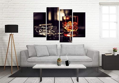 Miniatura 4 de VVOVV Wall Decor - Whisky marrón en tazas con lienzo de hielo, impresión artística de pared, pintura de vino, cuadros enmarcados, cenicero para