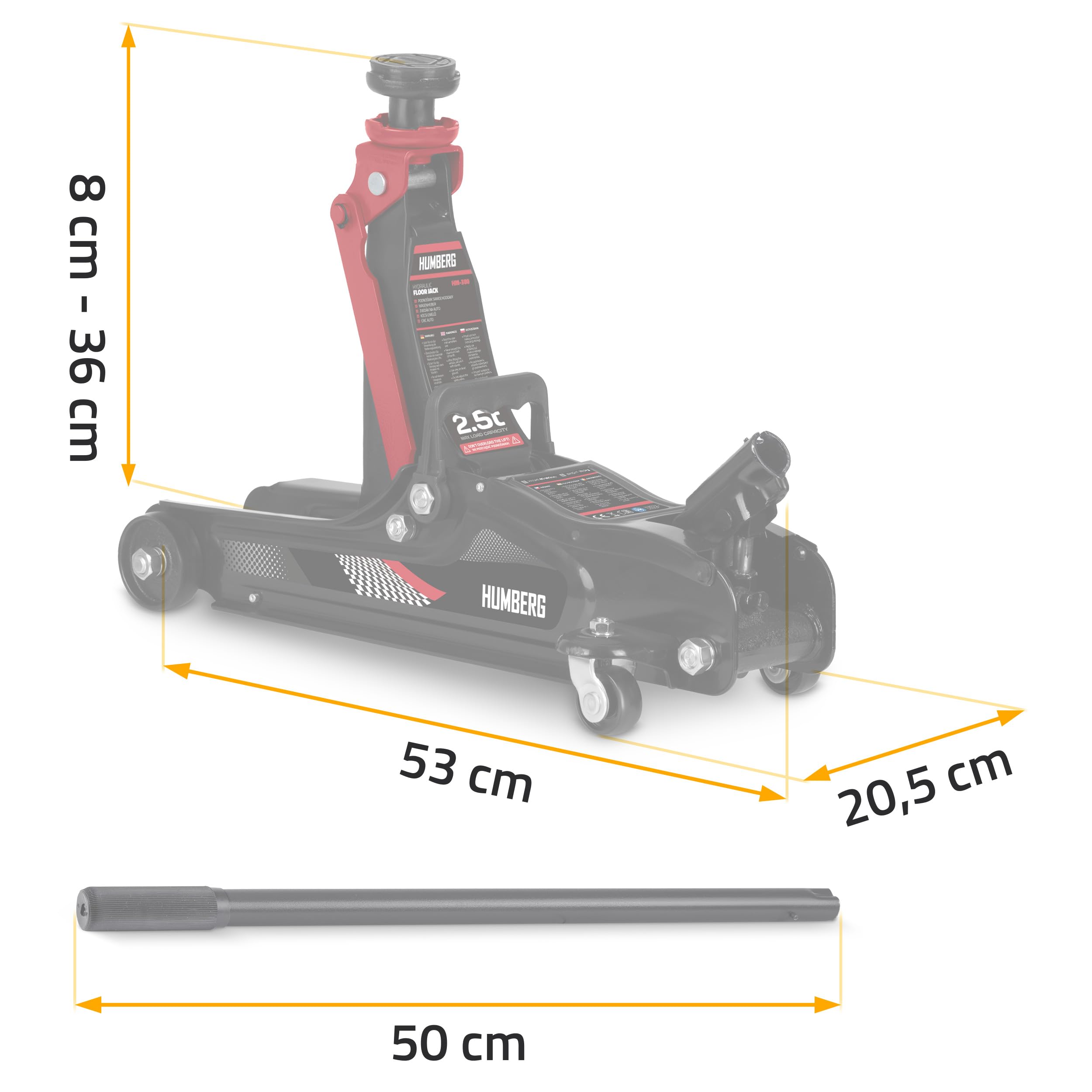 Humberg Cric idraulico per auto, a basso profilo, 2,5T, 80-360 mm, 2 cuscinetti in gomma, colore nero, rosso