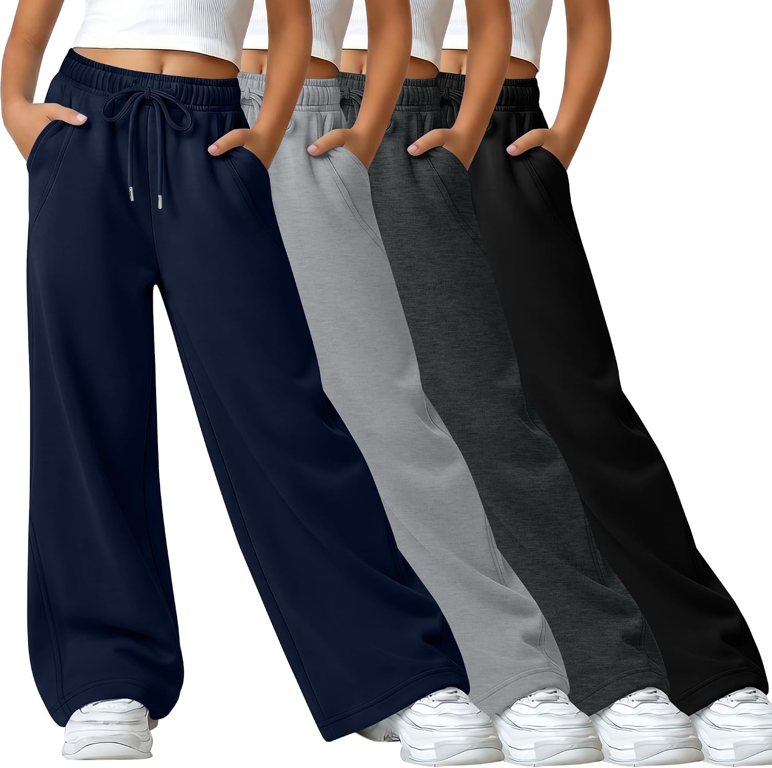 4 Pack Girls' Sweatpants Wide Leg Drawstring Baggy Pants Kids Elastic Waist High Waisted Joggers with Pockets 5-14Y