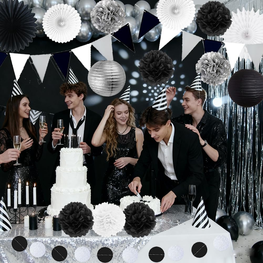 Black White Silver Party Decorations Black and White Decor Paper Pom Poms Paper Lantern Fans Garland for Wedding Baby Bridal Shower Graduation Party Decor