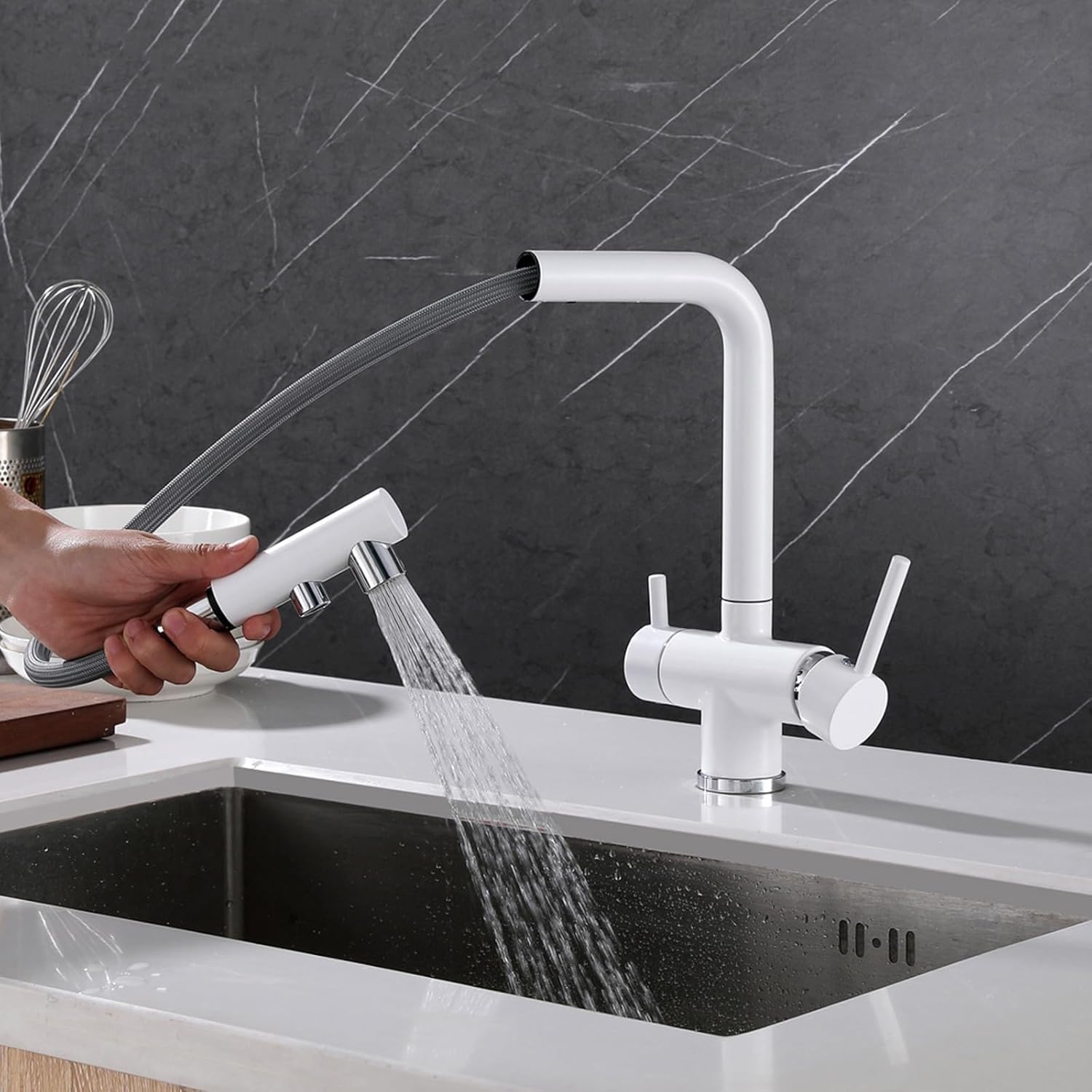 Grifo de Cocina de 3 vías con Manguera rociadora extraíble, Grifo de Fregadero de Agua filtrada de ósmosis inversa, Doble manija, Blanco Enterprise