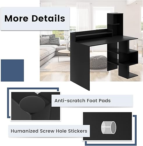 Miniatura 8 de Tangkula Escritorio para computadora con estantería de almacenamiento y gabinete, escritorio moderno de oficina en casa de 48 pulgadas con 8 Negro