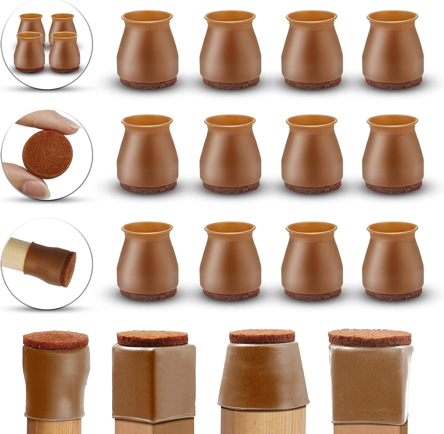 Upgraded Silicone Chair Leg Caps with Soft Felt Pads ,24 PCS Chair Leg Floor Protectors for Hardwood Floor, Free Move Table Leg Furniture Leg Covers, Universal for Square and Round (Small,Brown)