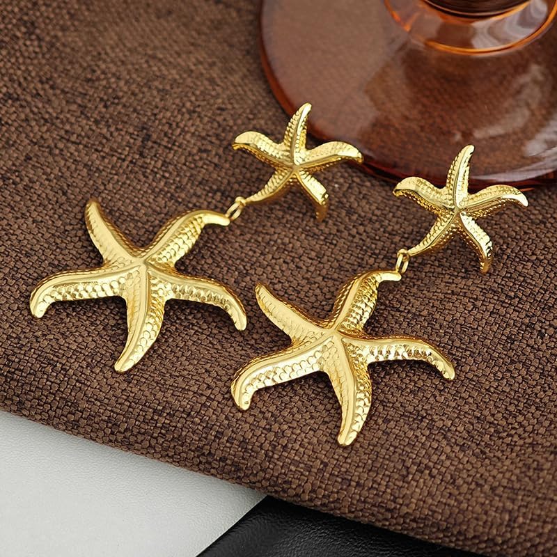 Starfish Earrings Gold Double Starfish Dangle Earrings for Women Stainless Steel Seashell Star Drop Stud Earring Personality Ocean Beach Summer Jewelry Gift(gold) - Image 3