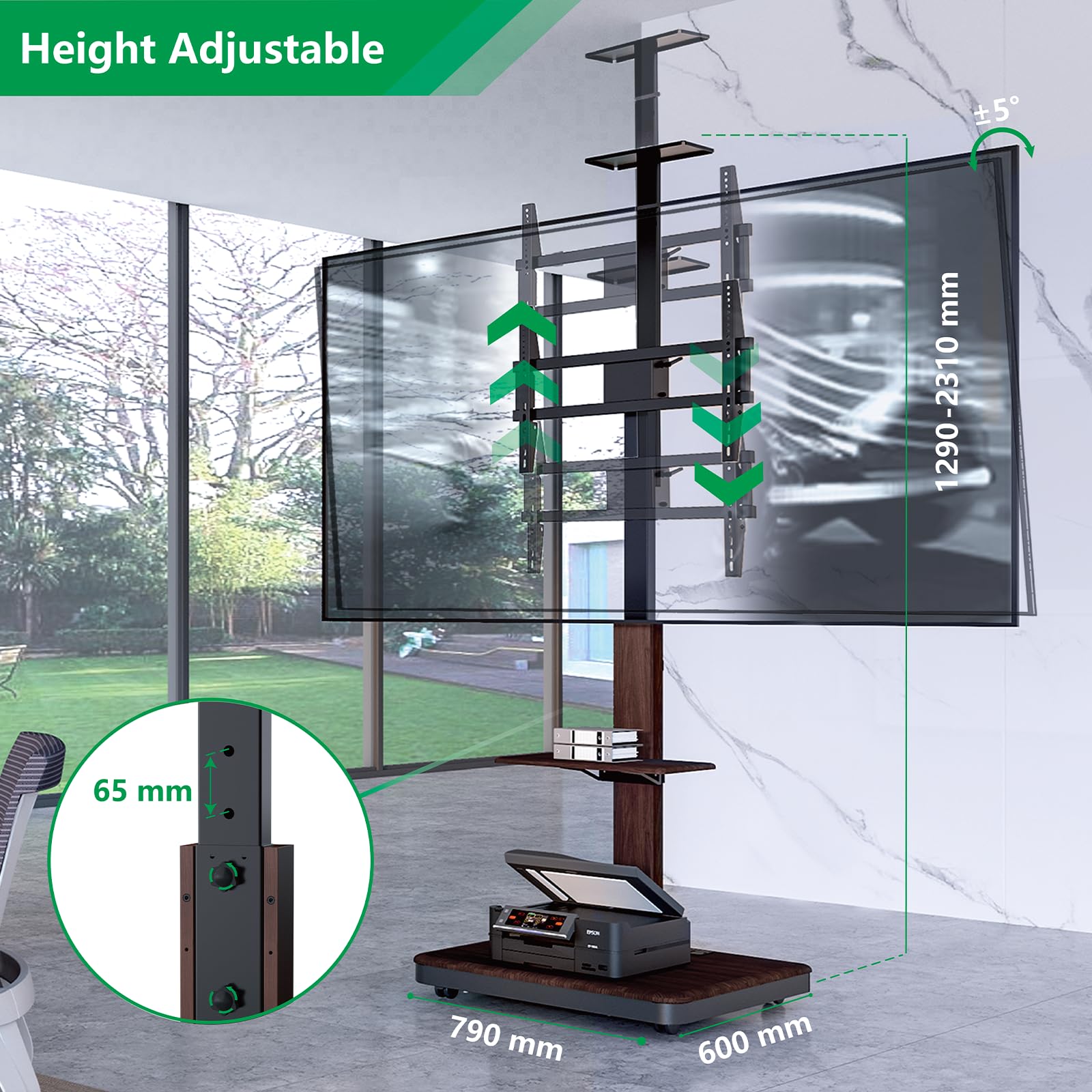 Supporto TV Mobile Regolabile - Per TV 40-86 Pollici Fino A 60kg, Con Ripiani E Ciabatta Elettrica - Foto 8