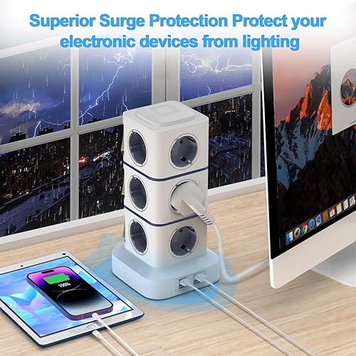 Miniatura 9 de Regleta de alimentación con protector de sobretensiones de 10 pies con 12 salidas de CA, 4 puertos USB, estación de carga, regletas de alimentación