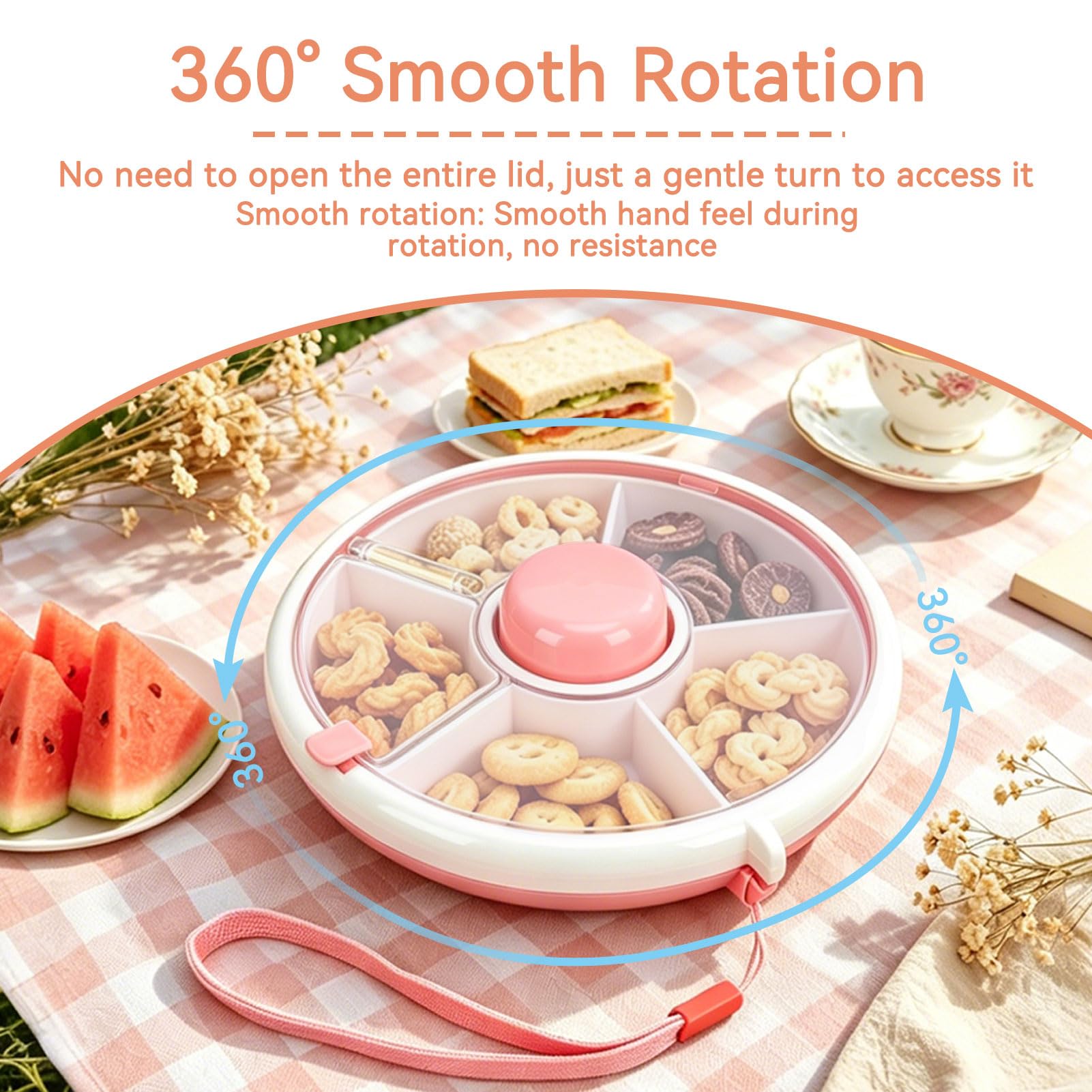 Contenitore per snack girevole per bambini, sigillo per frutta portatile sigillato a 5 scomparti con vassoio per snack con cinturino da mano per viaggi per adulti Viaggio a casa per bambini(Rosa)