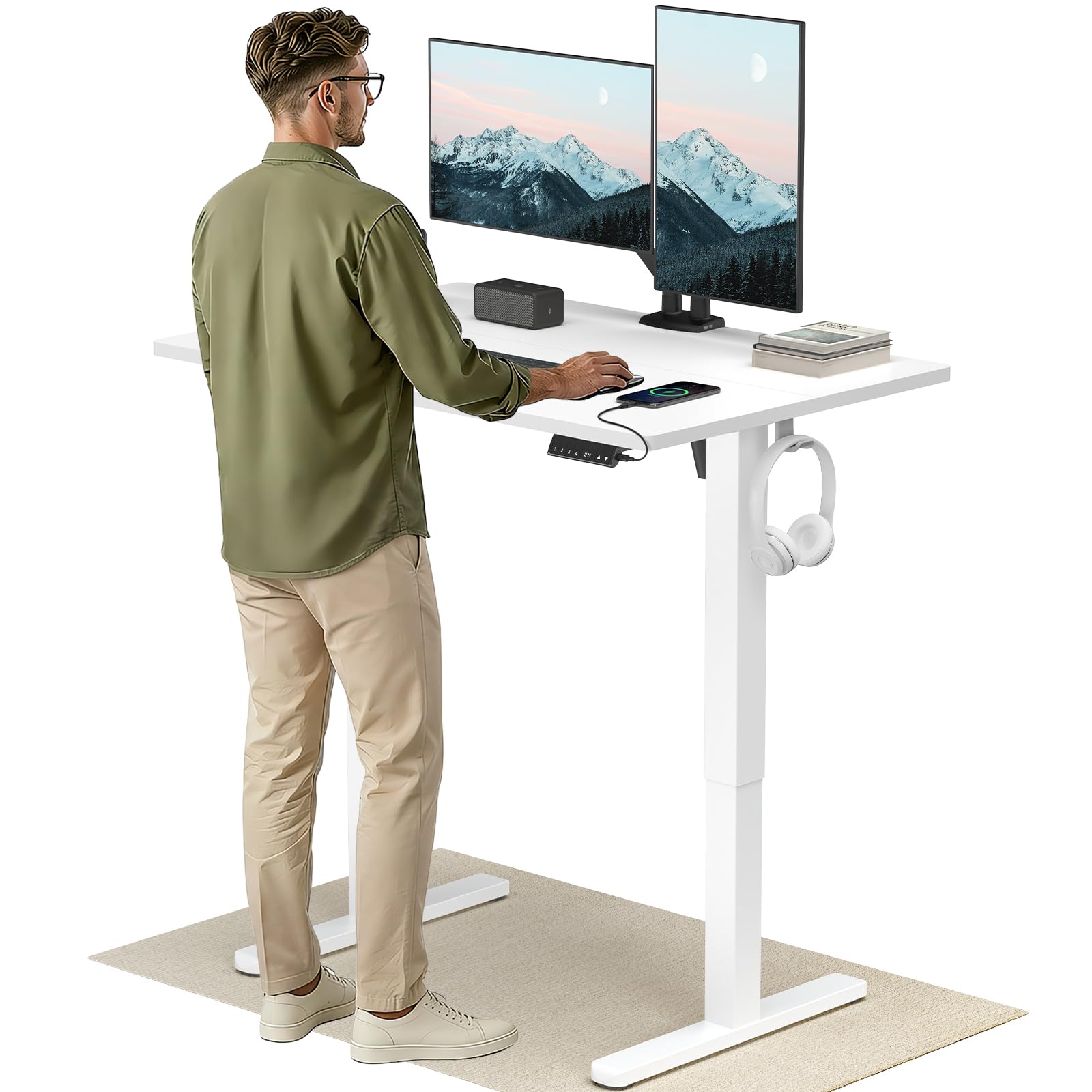 HUANUO Höhenverstellbarer Schreibtisch 120x80cm mit USB-C- & USB-A-Ladeanschluss, Höhenverstellbar von 72-118cm,4 Gedächtnis-Voreinstellungen, Kabelmanagement & Haken