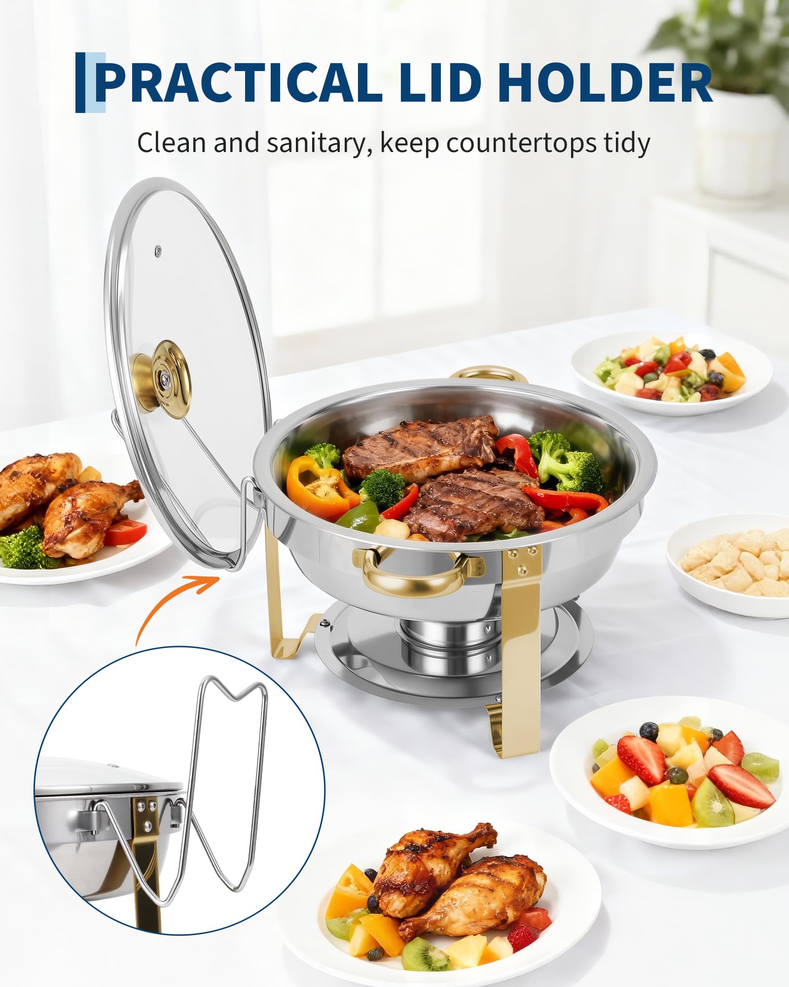 Set di 4 Chafing Dish Rotondi in Acciaio Inox 5/6QT - Coperchio in Vetro Visibile - Perfetti per Buffet, Catering, Feste - Bordo Dorato - Set Quattropezzi Pezzi Gold Edge