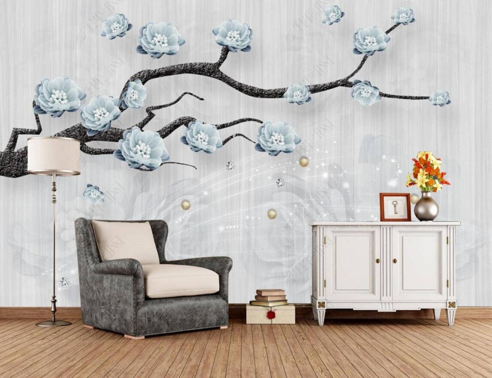 Papier Peint Soie 3D Arbres à Fleurs Bleues Wallpaper Plafond Photo Mural  Pour Salon Chambre Restaurant, image size:1600x1230