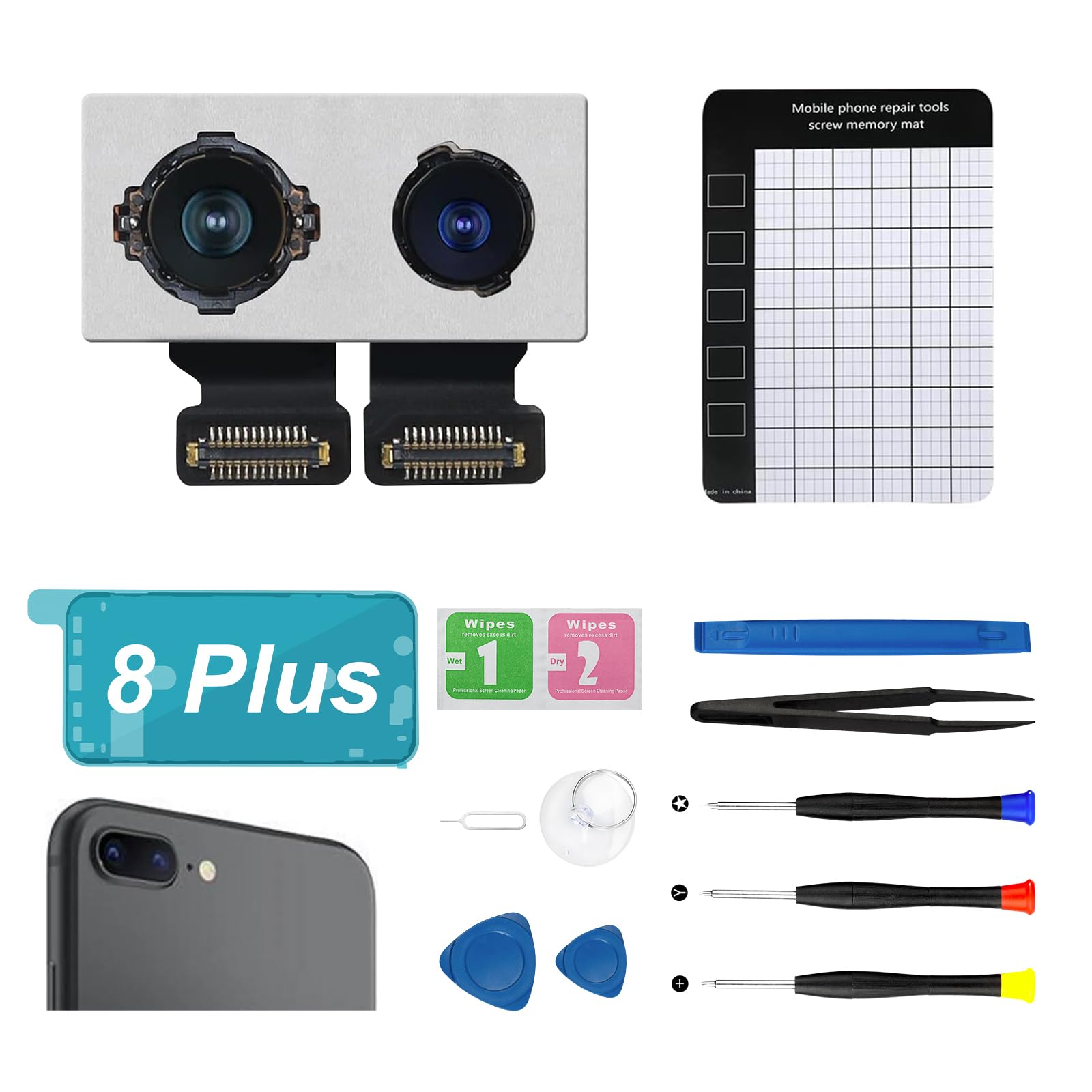 Back Camera Replacement for iPhone 8 Plus (Models: A1864 A1897 A1898) OEM Module 12MP HD Photo Video Main Rear Lens Parts with Repair Tools