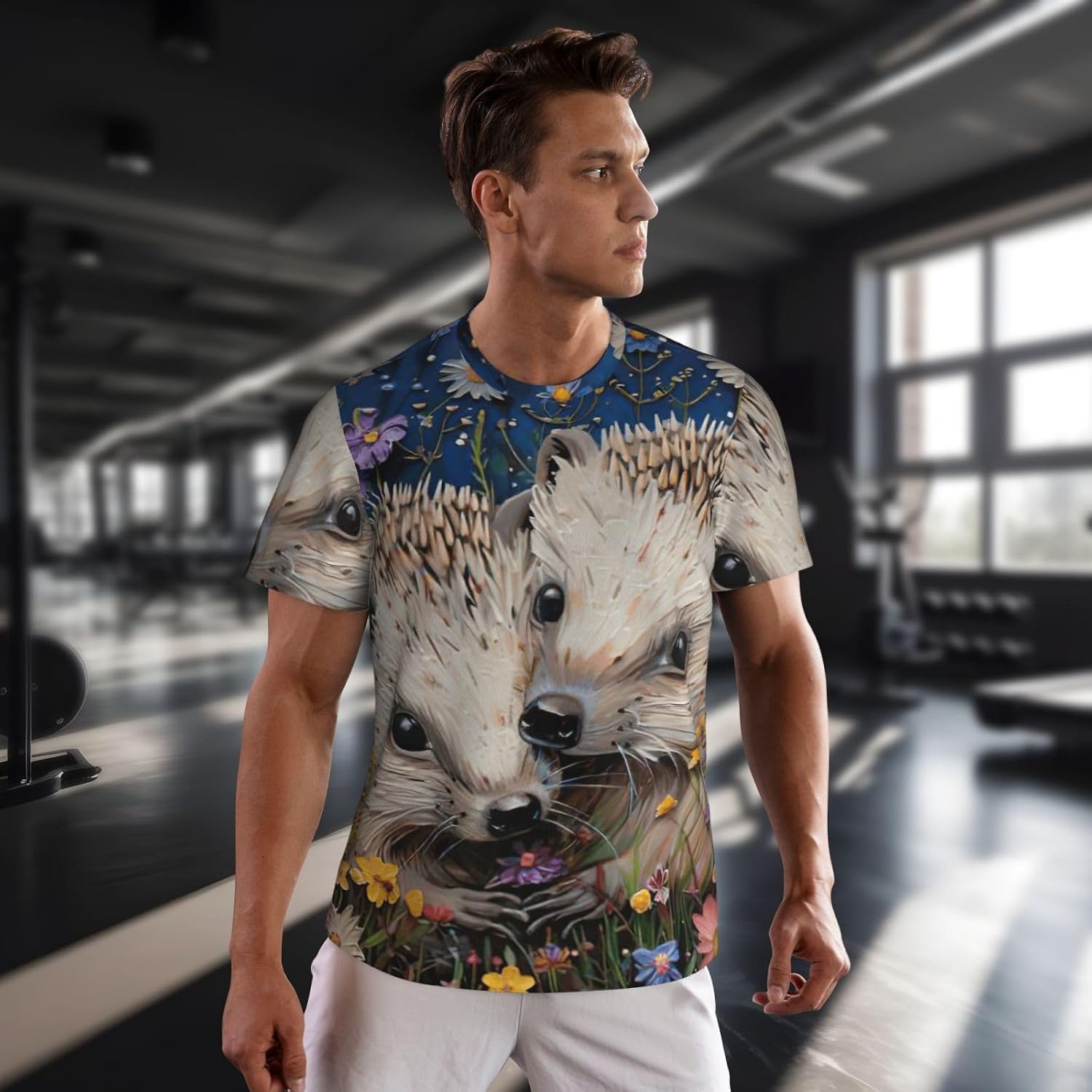 Floral Hedgehogs Print Mens Short Sleeve Mesh T-Shirt Breathable Athletic Gym Running Casual Sports Wear