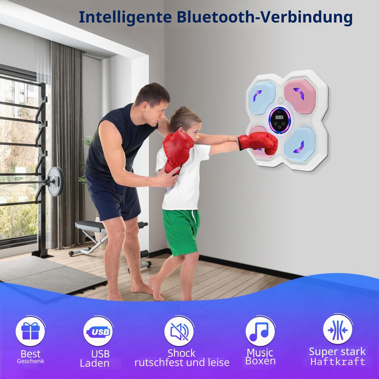 Intelligente Musikboxmaschine, 9 Modi und Geschwindigkeit, elektronisch, Boxtraining, Wandmontage, Messmodus, unterstützt Bluetooth, Handschuhe für Erwachsene und Kinder