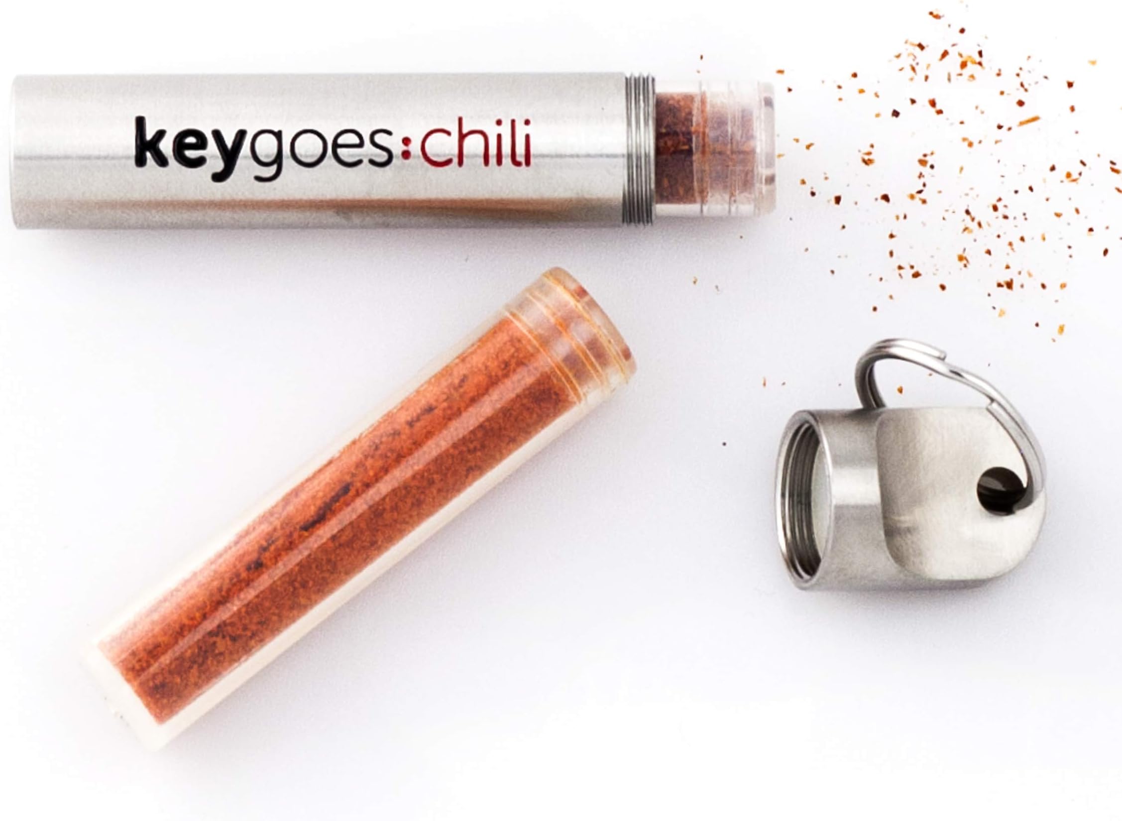 Chilli to Go Keyring by Keygoes:chili | Two Ultra Heat vials with Trinidad Scorpion Moruga and Carolina Reaper Chilli Powder.