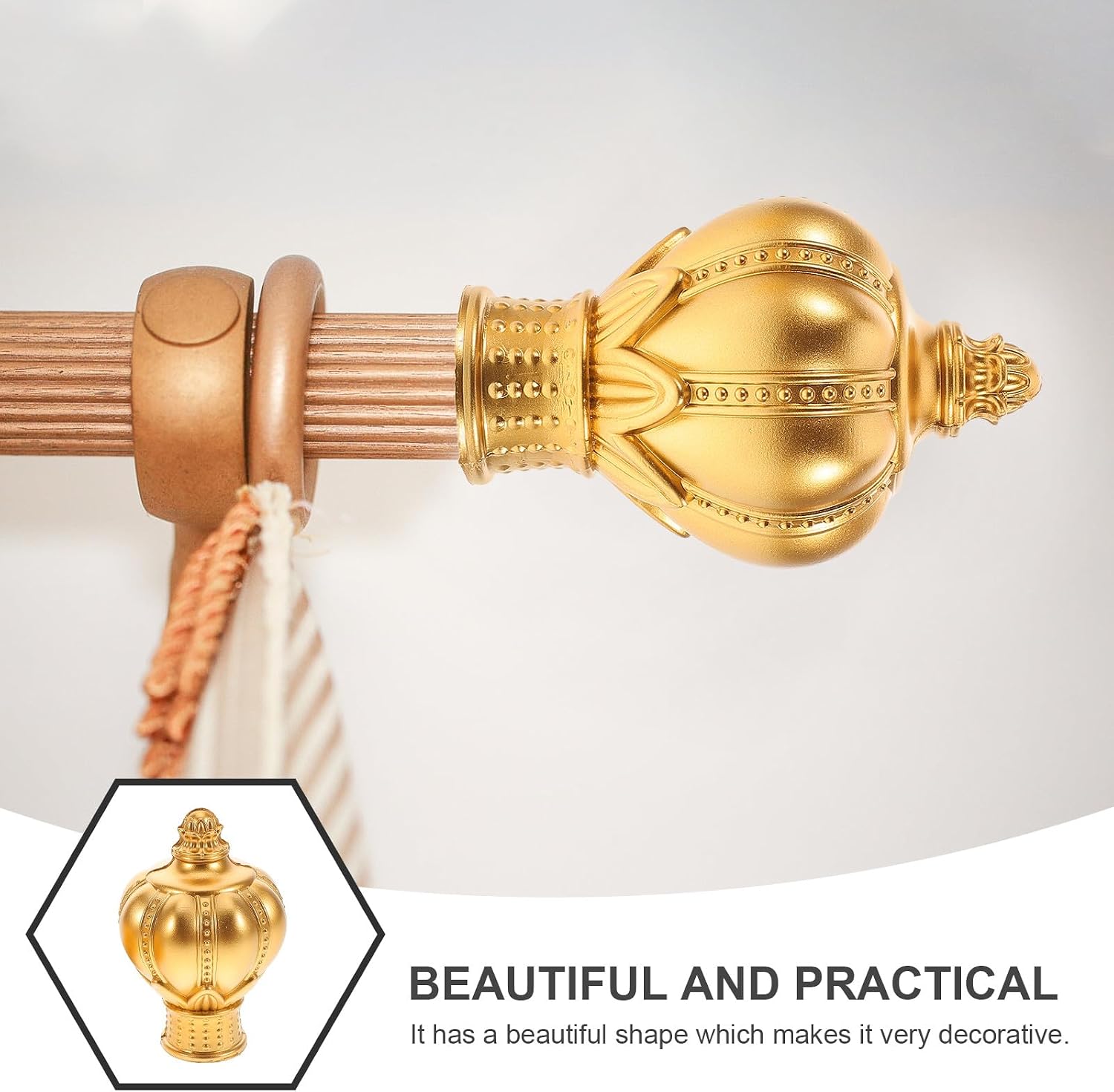 VALICLUD 6 Pcs Decorative Curtain Rod Finials Roman Rod End Caps Gold Crown Design Window Drapery Pole Accessories for Home Window Treatment
