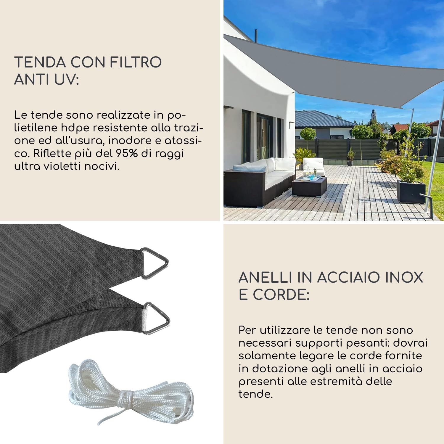 Rebecca Mobili Tenda Vela Quadrata, Vela Ombreggiante, Grigio Scuro, Polietilene Hdpe, Corde Incluse, Con Astuccio, Per Giardino Balcone - Misure: 3,6x3,6 mt - Art. RE6811