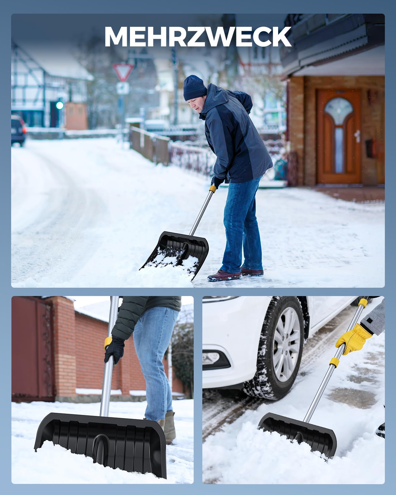 Grande Pelle à Neige de 1400 mm avec Manche Tubulaire en Aluminium épais, Poignée en Forme de D et Manche Long Détachable en Trois Parties, Adaptée aux Voitures, Allées, Terrasses, Etc.