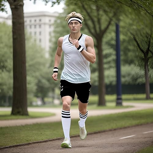 Miniatura 5 de Sucrain Juego de 5 bandas para el sudor y calcetines a rayas, bandas deportivas para el sudor, bandas para sudar, bandas para sudar, rojo, blanco