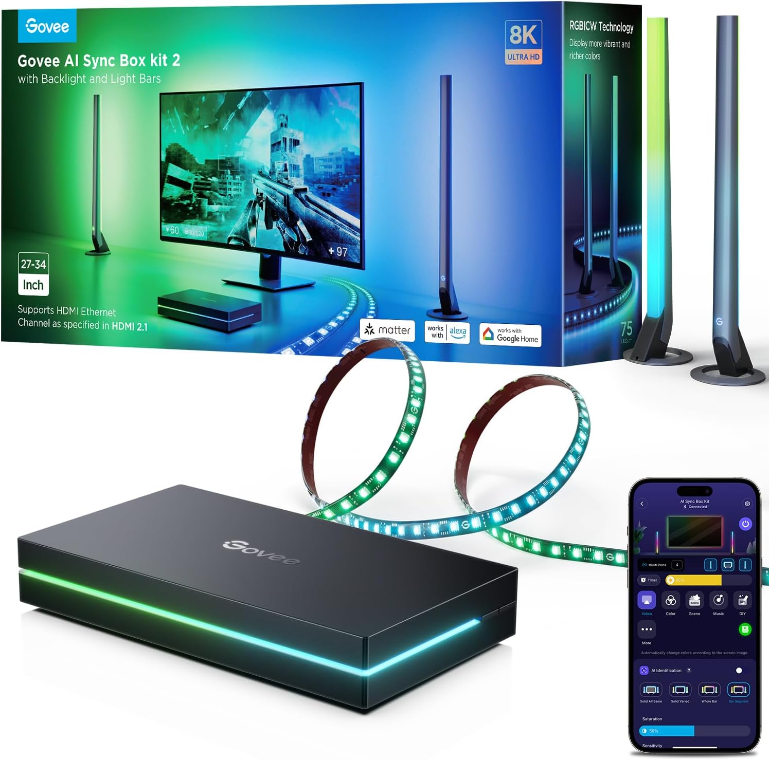 HDMI 2.1 Sync Box Kit 2, Includes AI Sync Box, Light Bars, and Monitor Backlight, Supports 8K@60Hz, 4K@144Hz, VRR and ALLM, Works with Matter and Alexa, RGBIC Light Strip for 27-34 inch Monitor