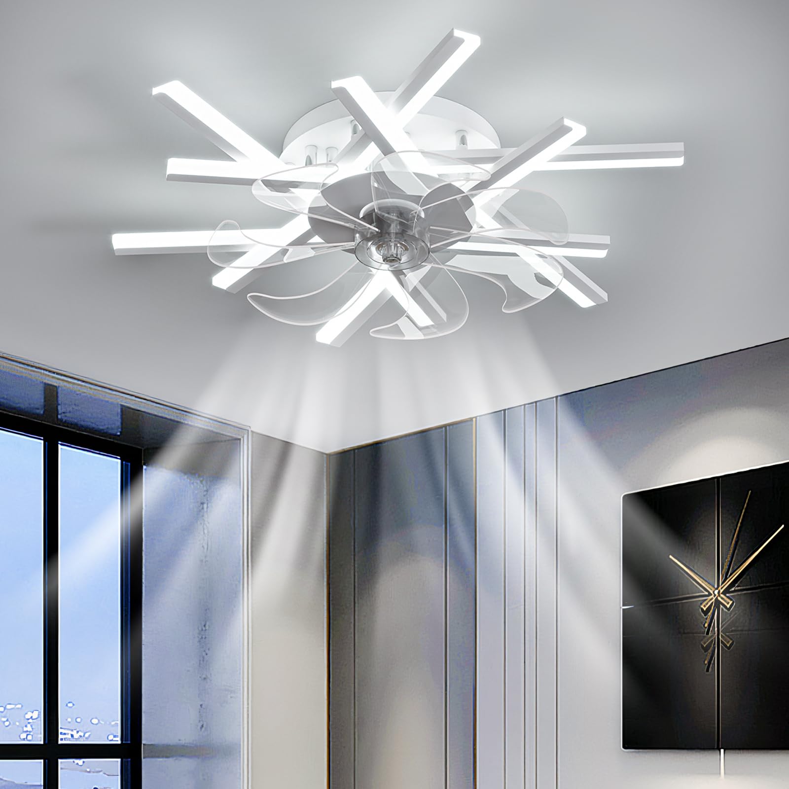 SXDMOUBK Modern White Chandelier Ceiling Fan with Dimmable LED Lights Remote Control and APP 6 Speeds Timer Reversible Rotation Ideal for Living Room Bedroom Décor 62CM