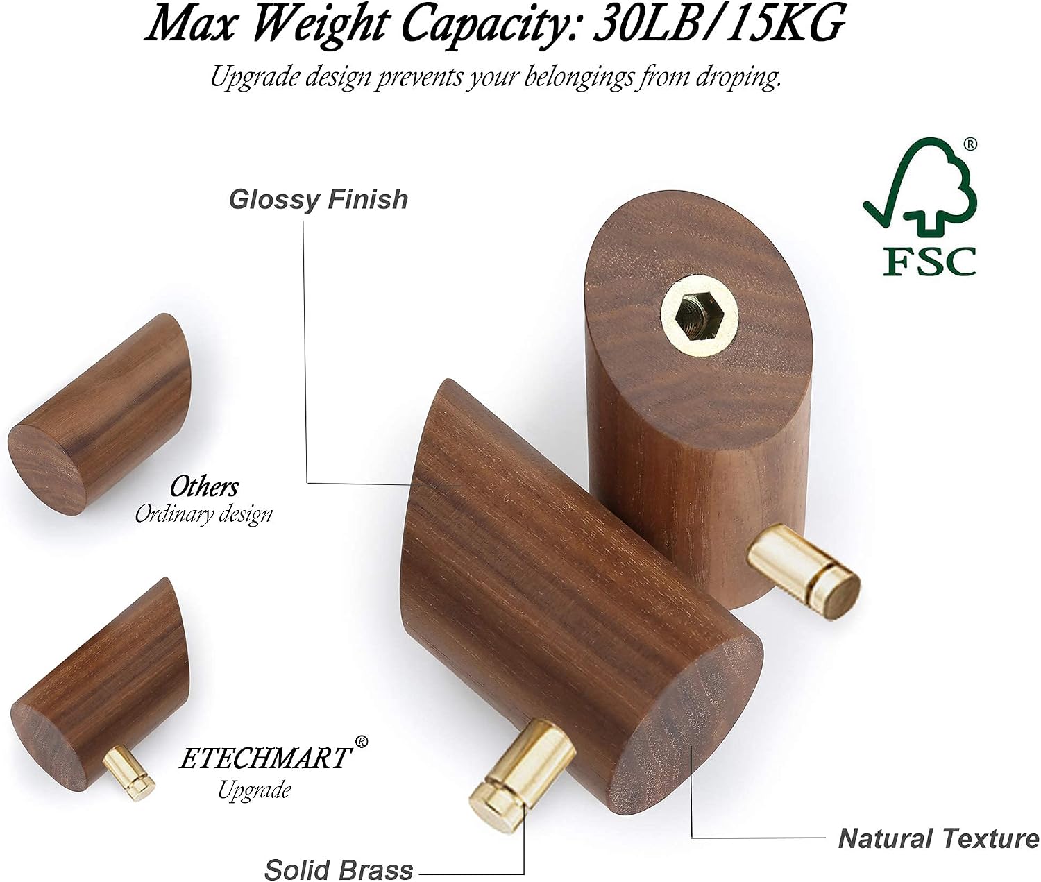 ETECHMART Wood Wall Hooks, 2PCS Modern Coat Hooks, 2 Inch Entryway Coat Rack Wall Mounted, Natural Wooden Towel Hooks with Solid Brass on The Top for Hanging Keys, Plants, Clothes, Black Walnut