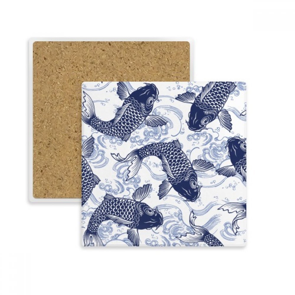 Dessous de verre en pierre La Carpe Wave bleu motif japonais, support de tasse absorbant premium
