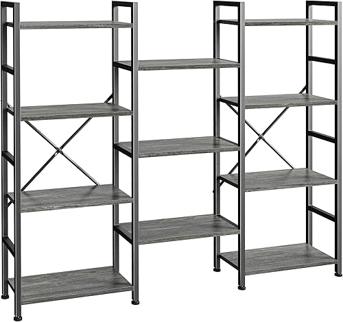 SUPERJARE Estantería triple de 4 niveles, estantería con 11 estantes abiertos, estante ancho para el hogar y la oficina, color gris
