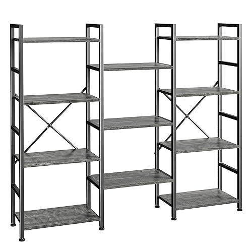 SUPERJARE Triple 4 Tier Bookshelf, Bookcase with 11 Open Display Shelves, Wide Book Shelf Book Case for Home & Office, Grey - Grey - 4 Tier