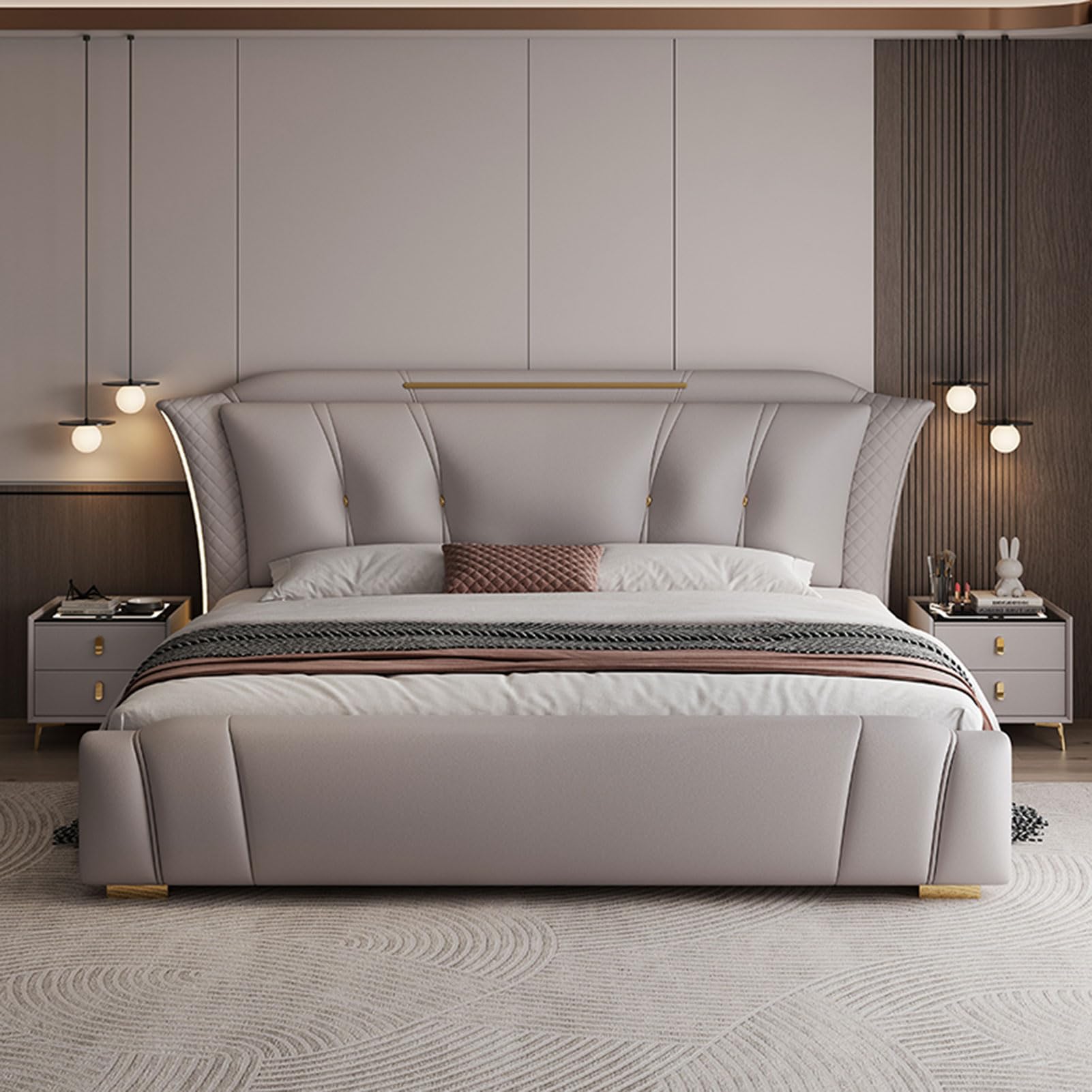 Gray King Size Genuine Leather Wood Bed Thick Padded Headboard Upholstered Platform Bed Frame with Headboard and Lift